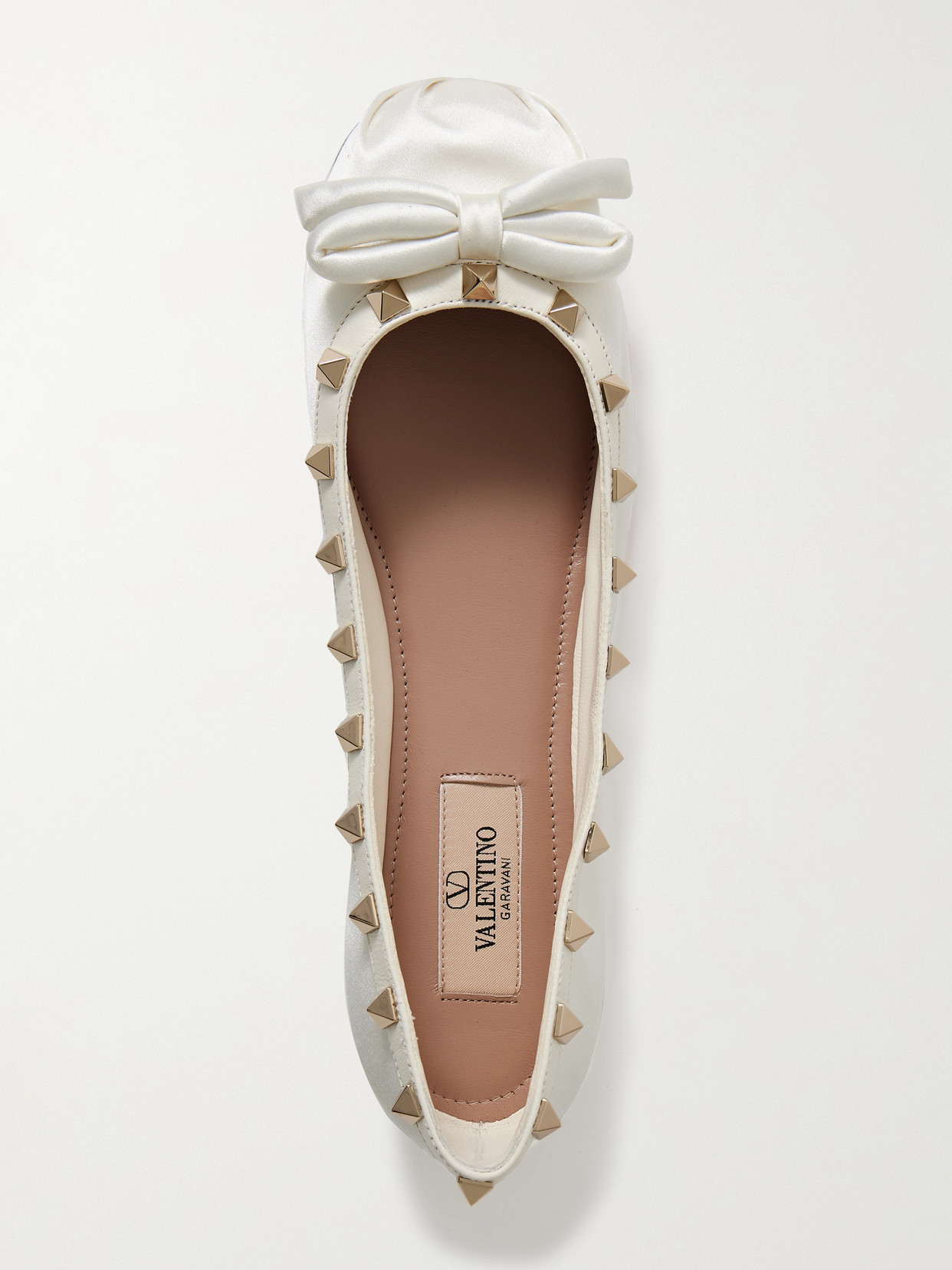 Valentino Rockstud Leather-trimmed Bow-embellished Satin Ballet Flats In White