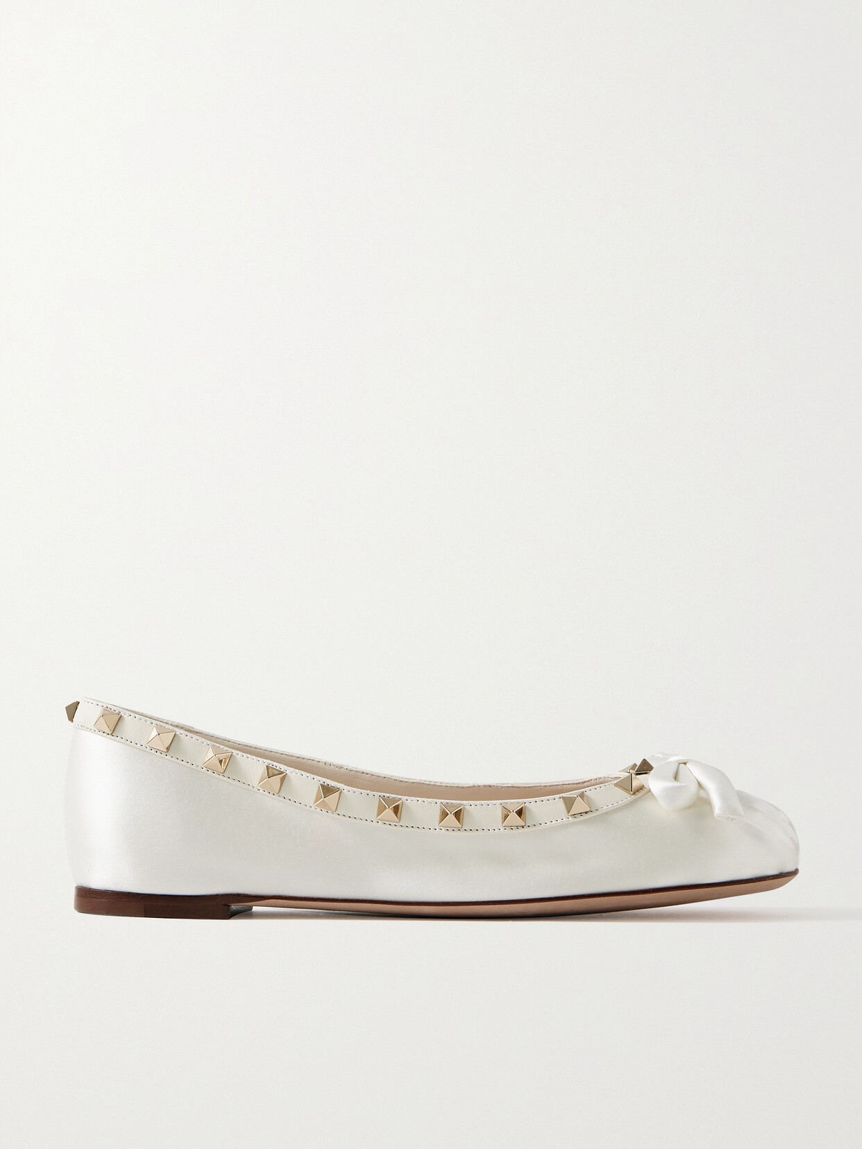 Valentino Garavani Rockstud Leather-trimmed Bow-embellished Satin Ballet Flats In White