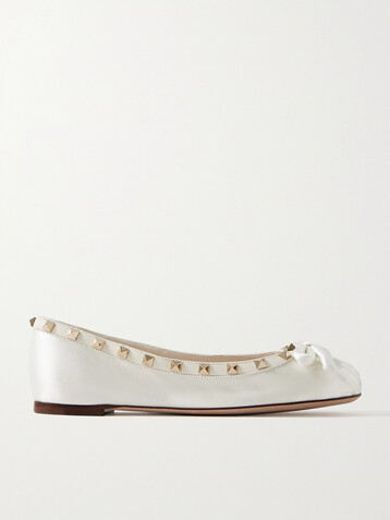 Valentino Garavani Rockstud leather-trimmed bow-embellished satin ballet flats