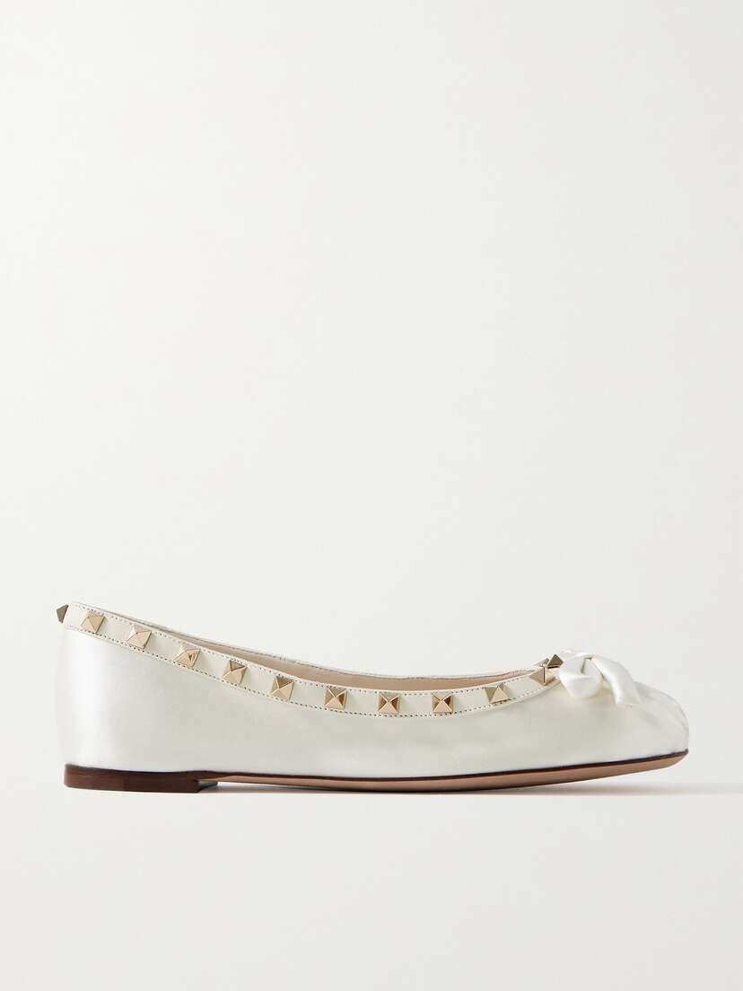 Valentino Garavani Rockstud Leather-trimmed Bow-embellished Satin Ballet Flats