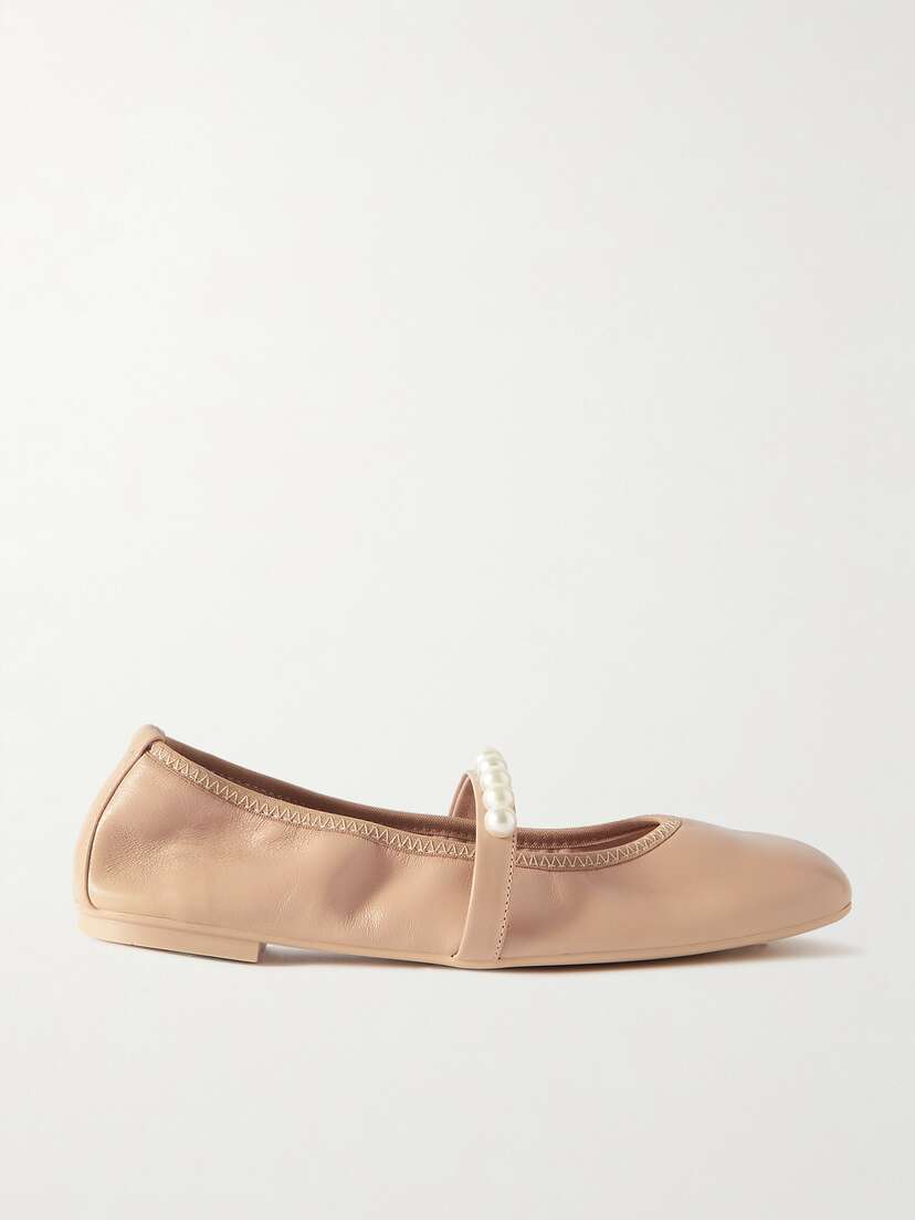 Stuart Weitzman Goldie Faux Pearl-embellished Leather Ballet Flats