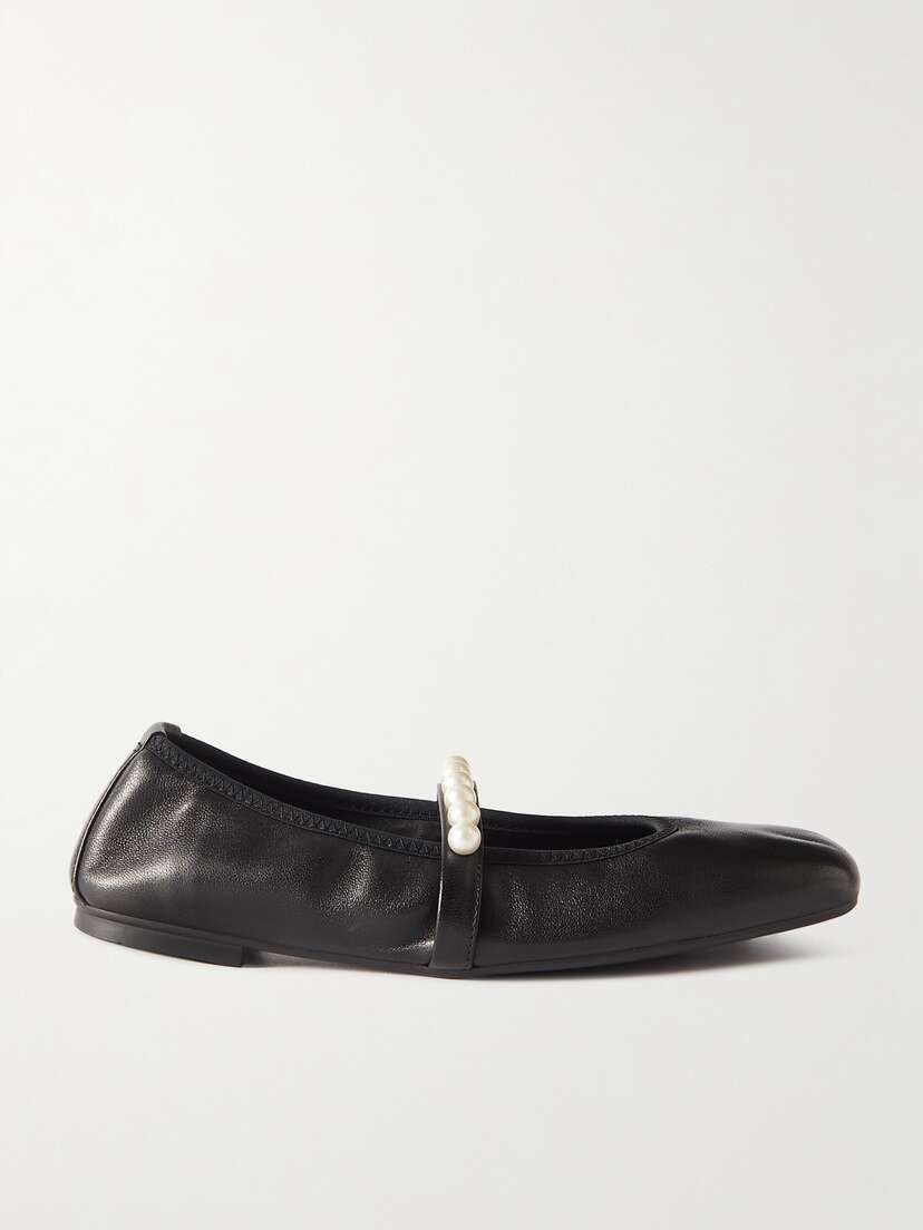 Stuart Weitzman Goldie Faux Pearl-embellished Leather Ballet Flats
