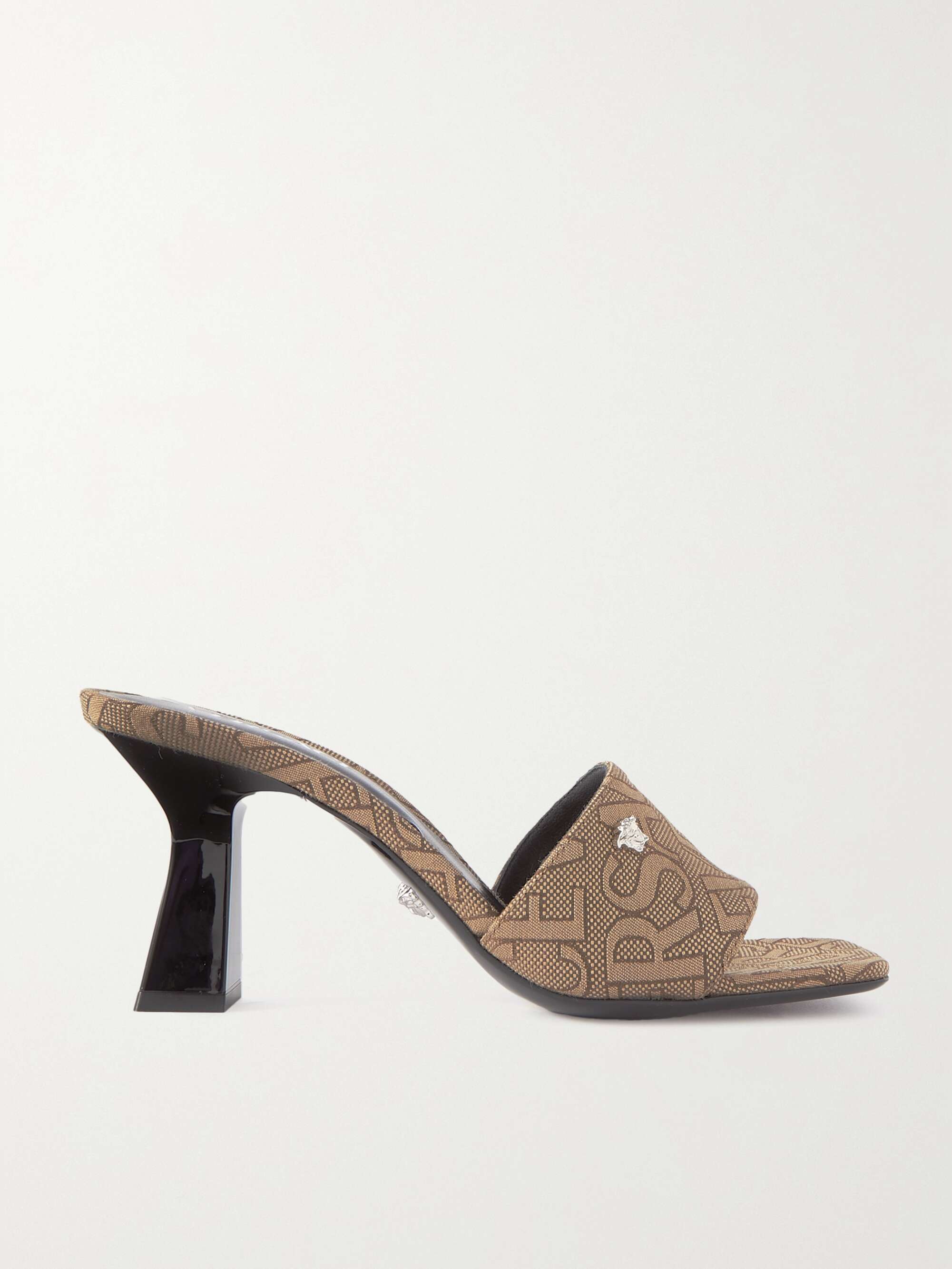 VERSACE Embellished logo-jacquard canvas mules | NET-A-PORTER