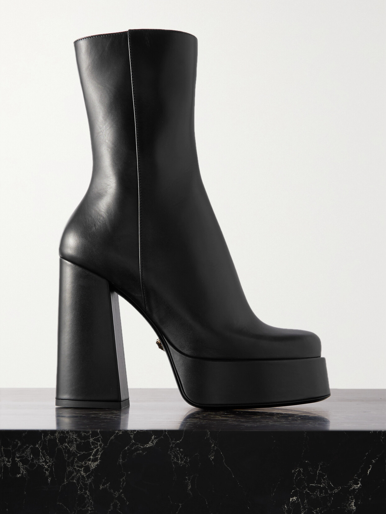 Versace Leather Platform Ankle Boots In Black