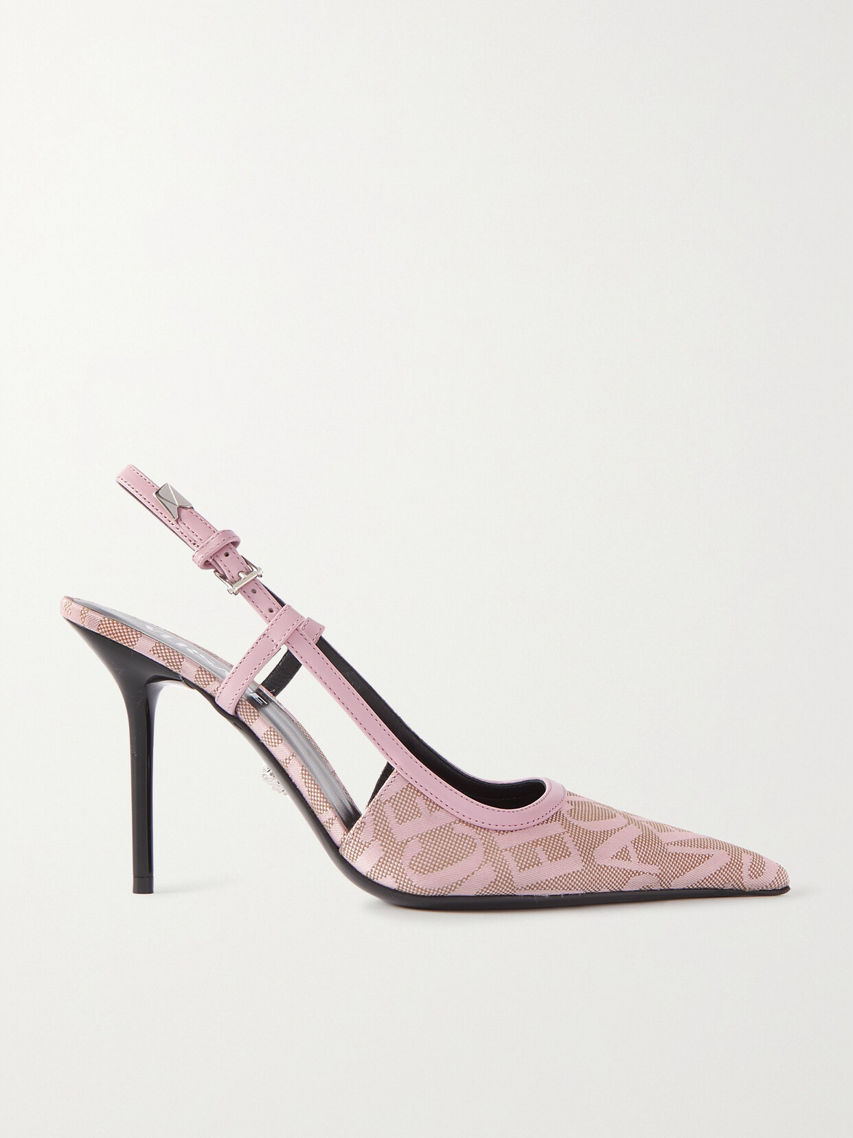 Shop Versace Leather-trimmed Logo-jacquard Canvas Slingback Pumps In Pink