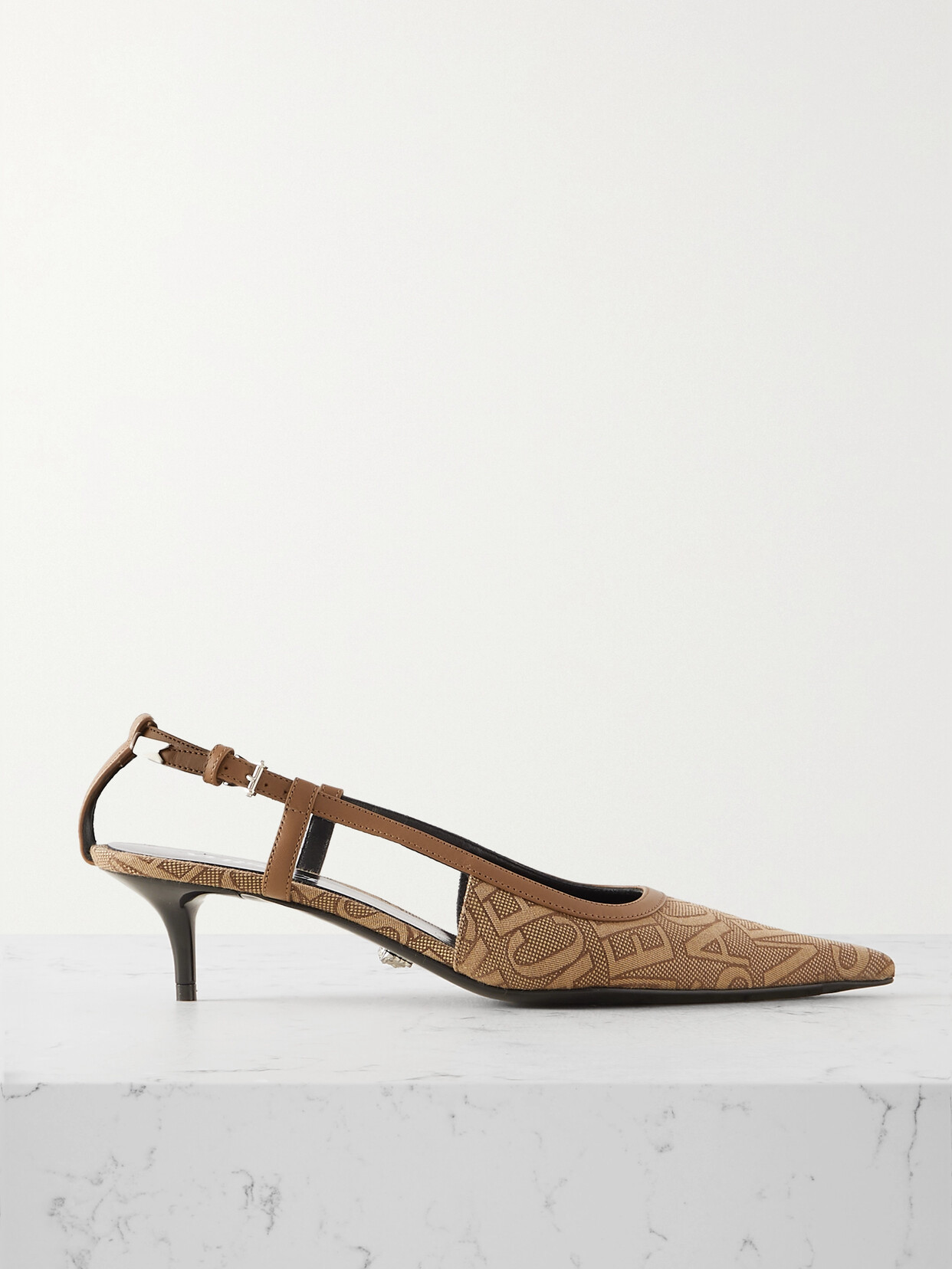 Shop Versace Leather-trimmed Logo-jacquard Canvas Slingback Pumps In Neutrals