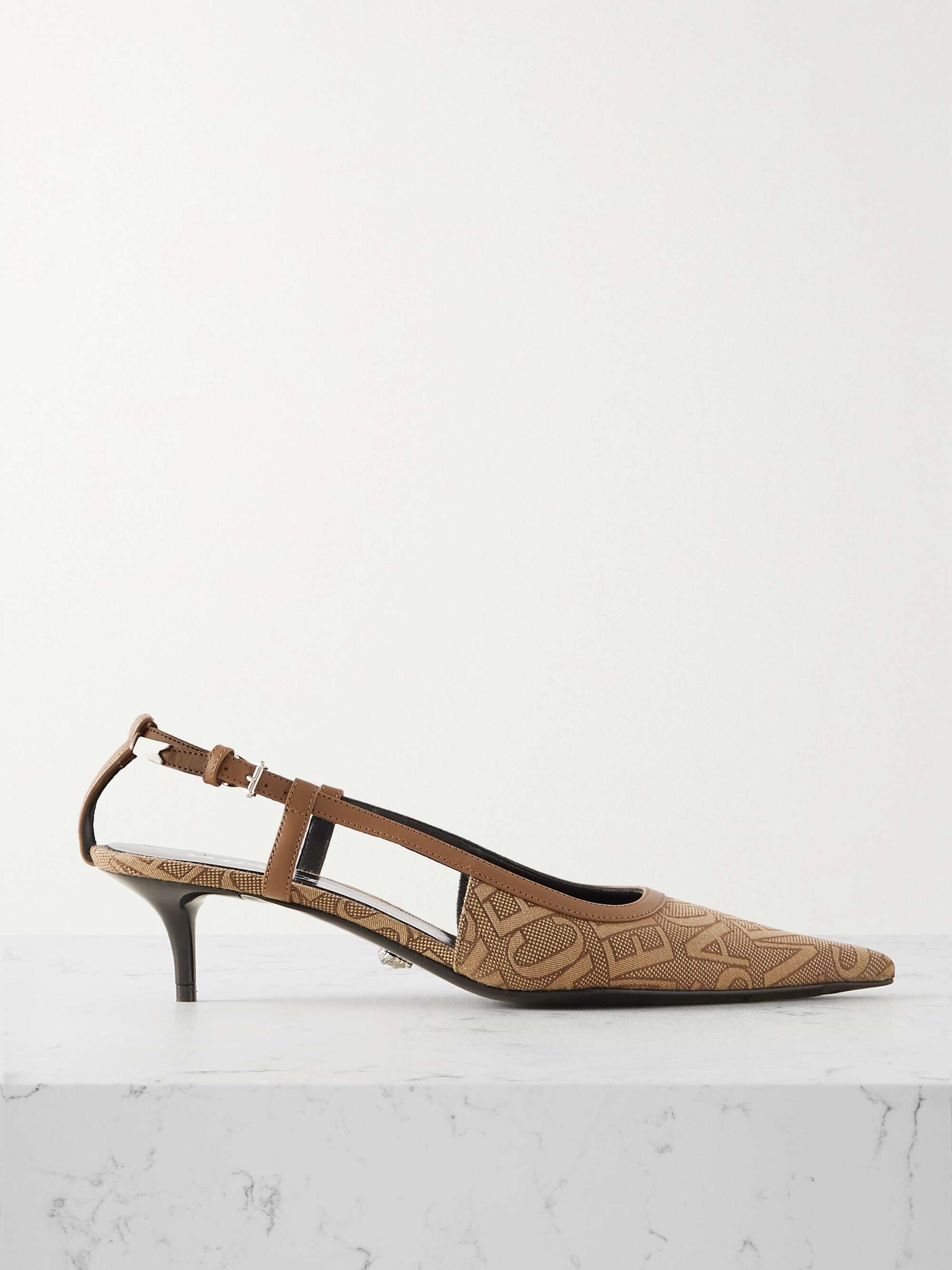 VERSACE Leather trimmed logo jacquard canvas slingback pumps NET