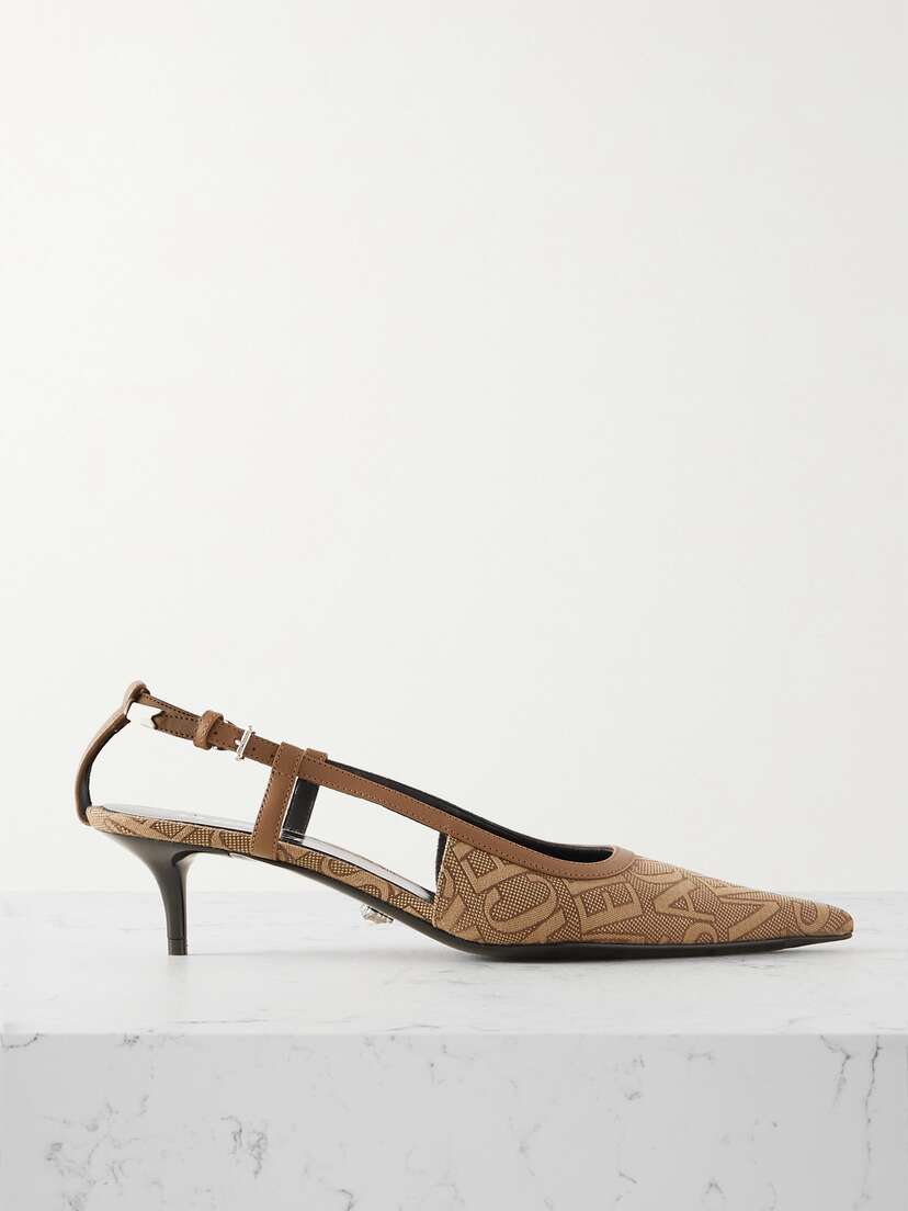 Versace Leather-trimmed Logo-jacquard Canvas Slingback Pumps
