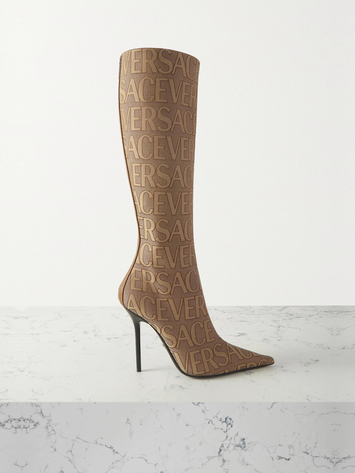 Versace Leather-trimmed Canvas-jacquard Knee Boots In Brown