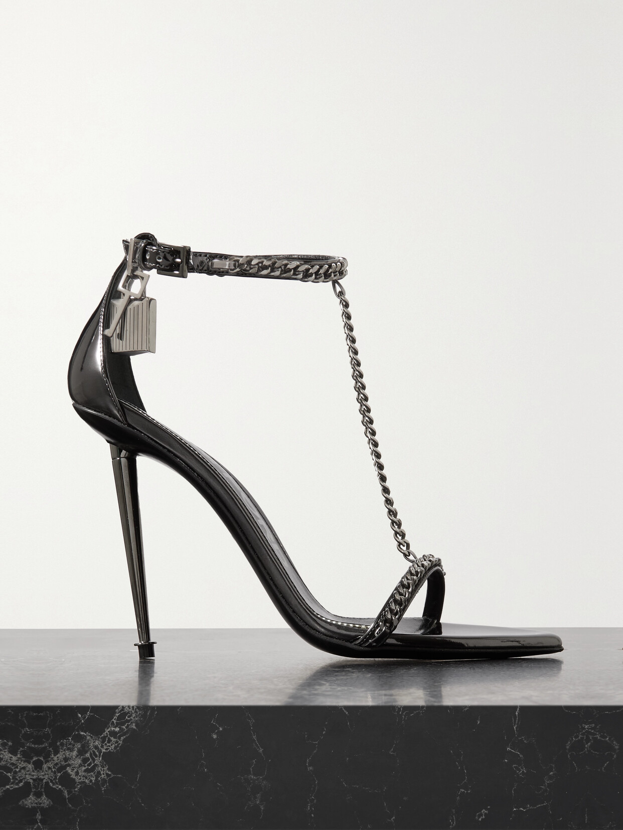 TOM FORD - Padlock Chain Embellished Mirrored-leather Sandals - Gray