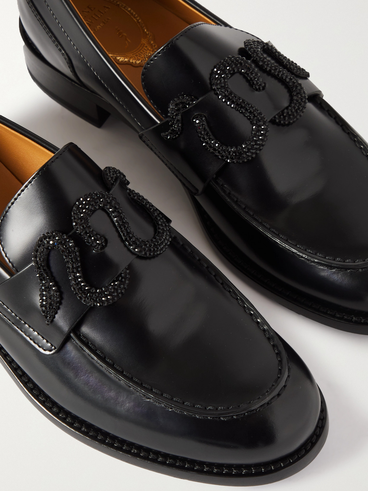 René Caovilla Calfskin Strass Snake Penny Loafers In Black