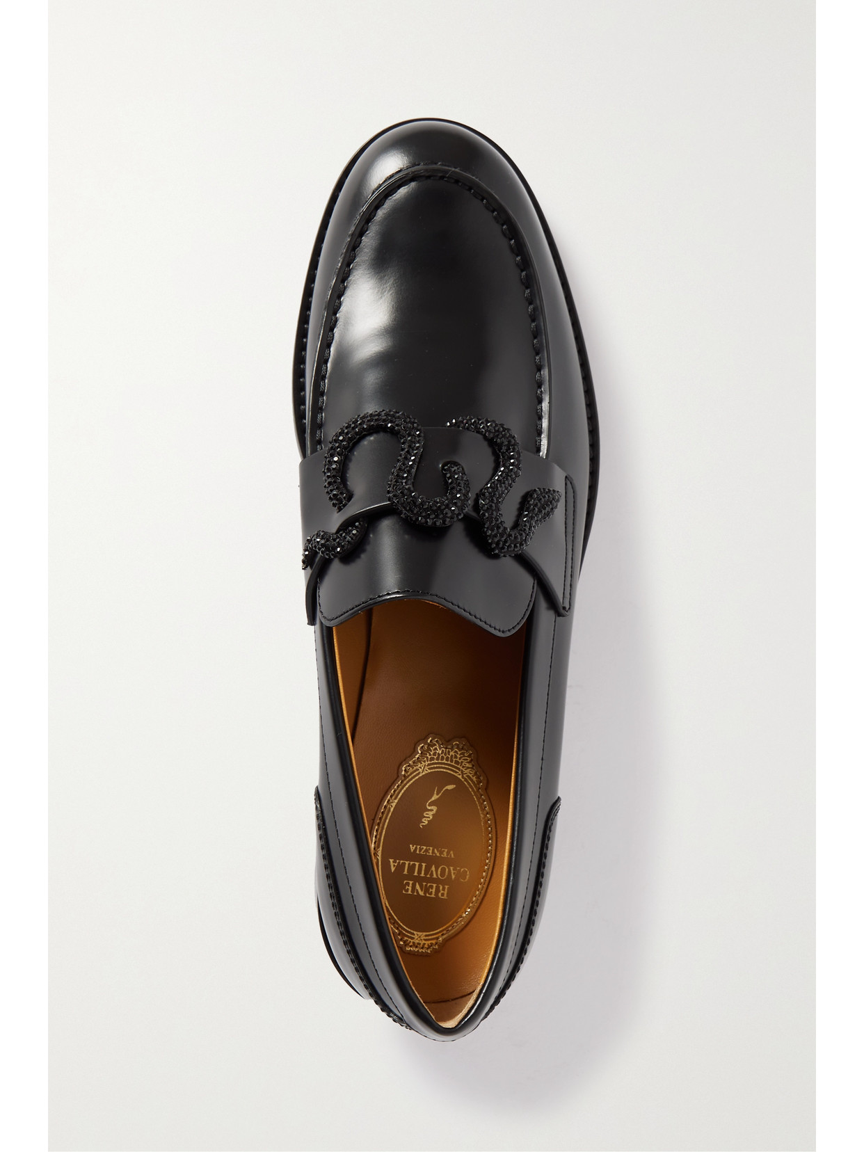 René Caovilla Calfskin Strass Snake Penny Loafers In Black