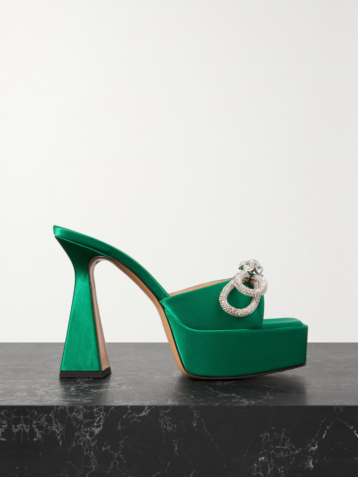 MACH & MACH - Double Bow Crystal-embellished Silk-satin Platform Mules - Green