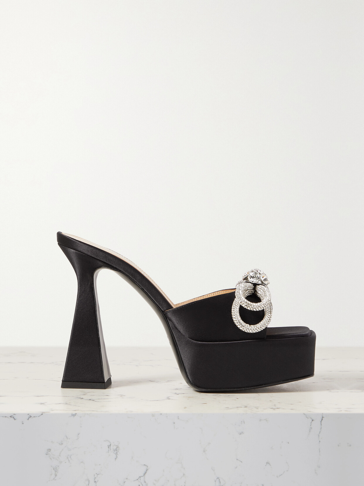 Shop Mach & Mach Double Bow Crystal-embellished Silk-satin Platform Mules In Black