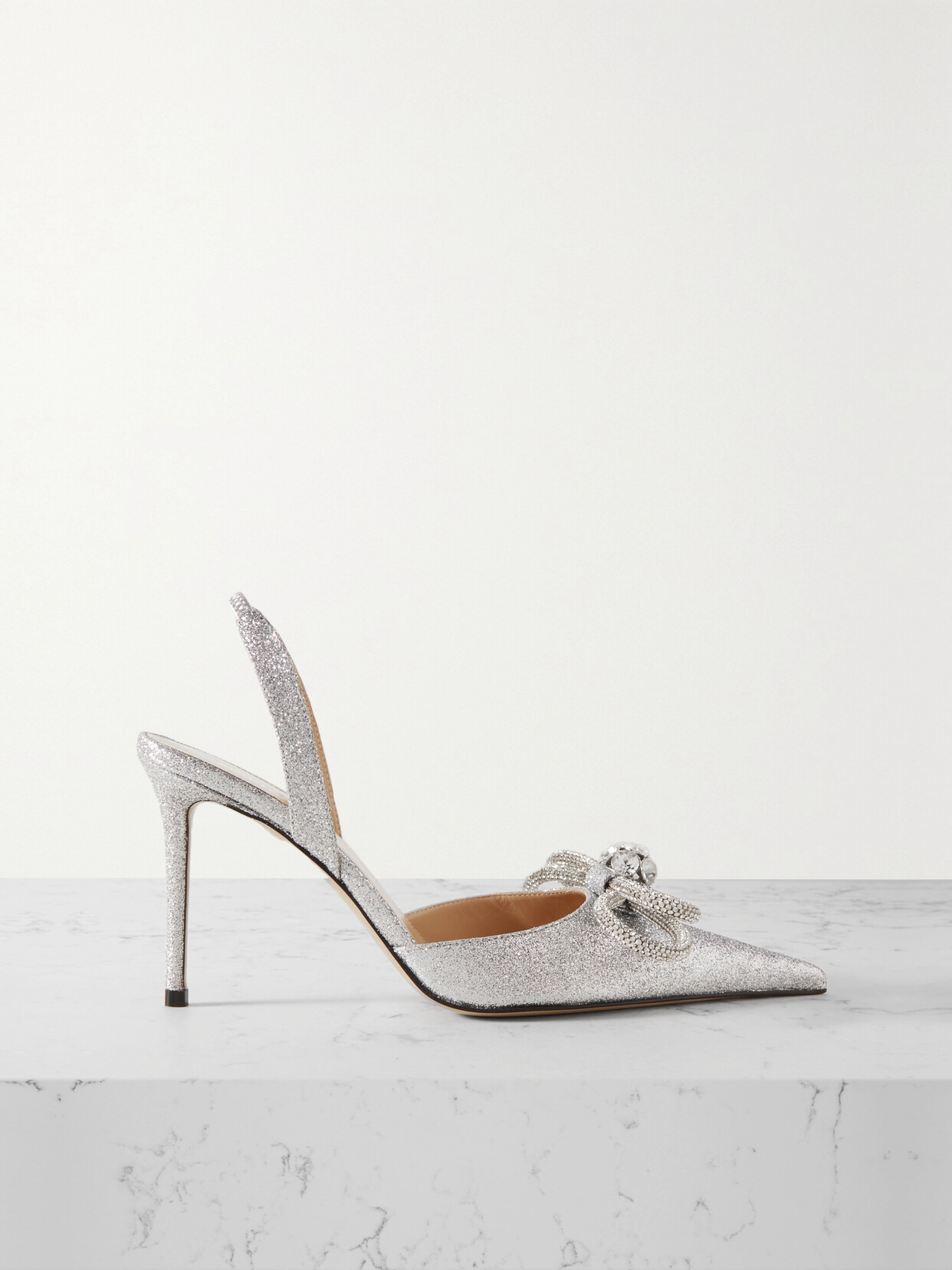 Mach & Mach Double Bow Glittered-leather Slingback Pumps In Silver