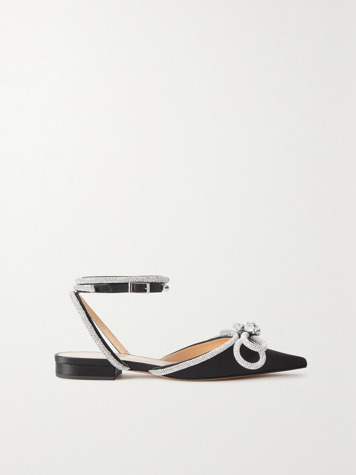 Mach&mach Double Bow Crystal-embellished Satin Point-toe Flats In Black