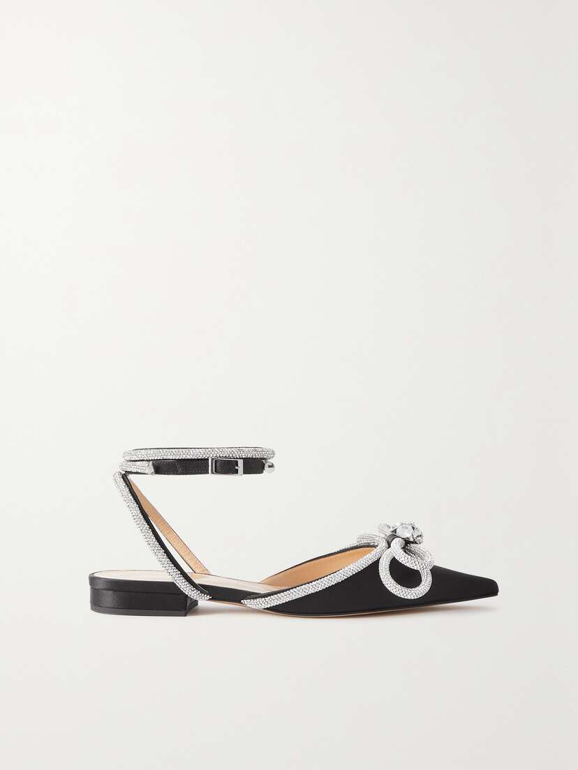 Mach & Mach Double Bow Crystal-embellished Satin Point-toe Flats