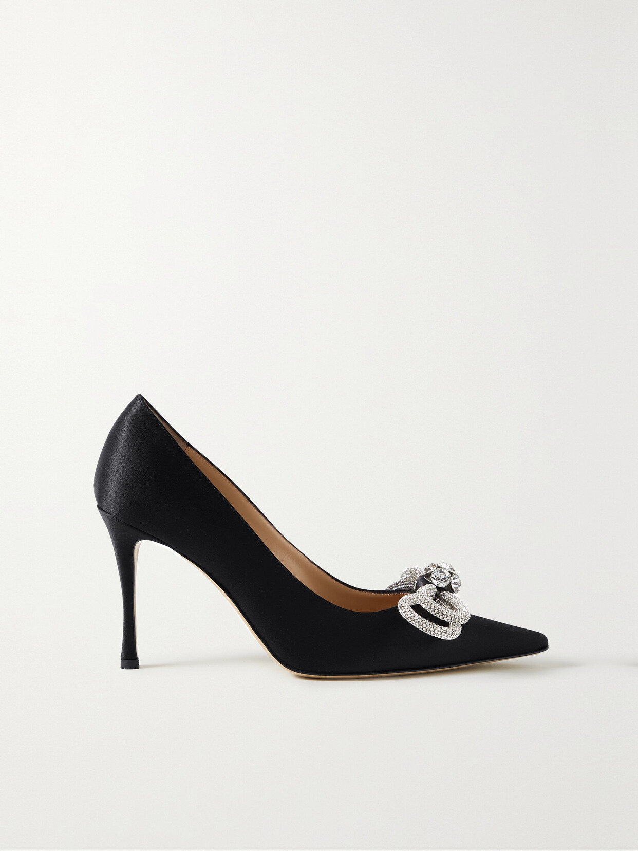 Shop Mach & Mach Double Bow Crystal-embellished Satin Point-toe Pumps In Black