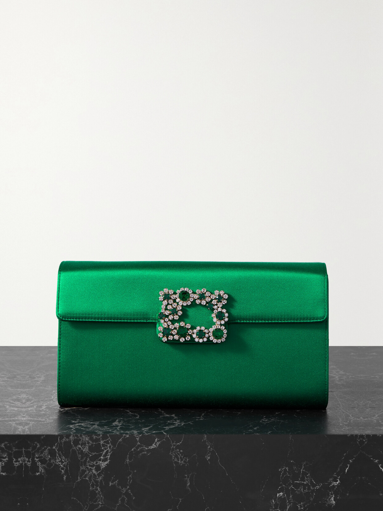 Roger Vivier Trianon Crystal Buckle Satin Clutch In Emerald