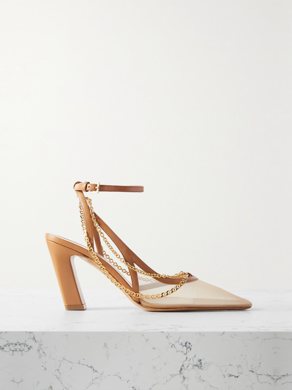 Shop Khaite Marfa Chain-embellished Leather-trimmed Mesh Slingback Pumps In Brown