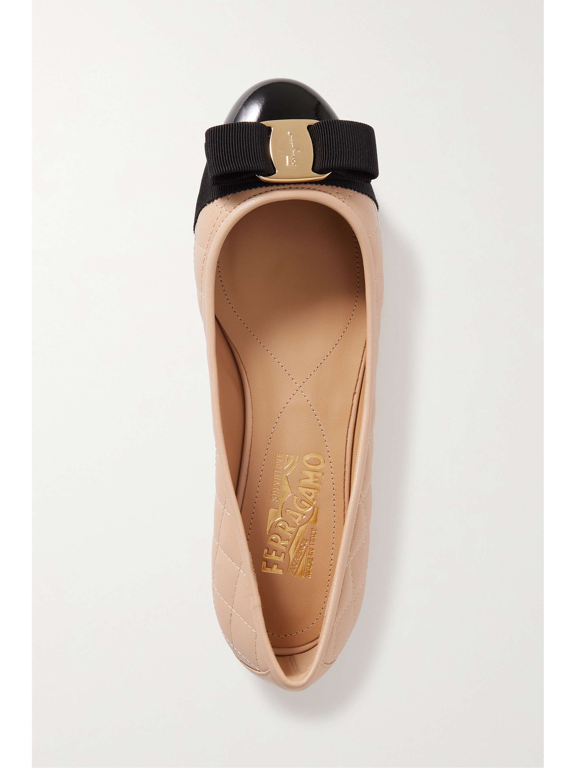 FERRAGAMO Varina bow-embellished quilted smooth and patent-leather ballet  flats