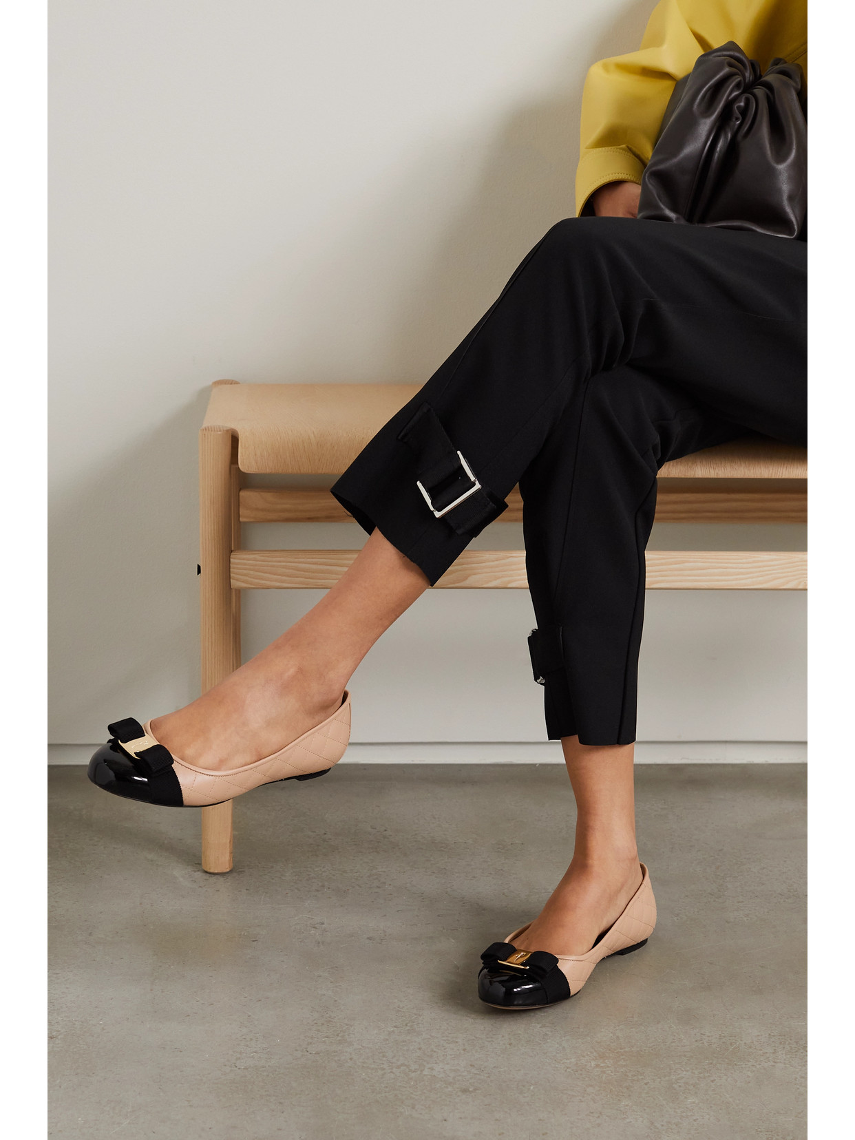 Ferragamo Varina Bow-embellished Quilted Smooth And Patent-leather Ballet Flats In Neutrals