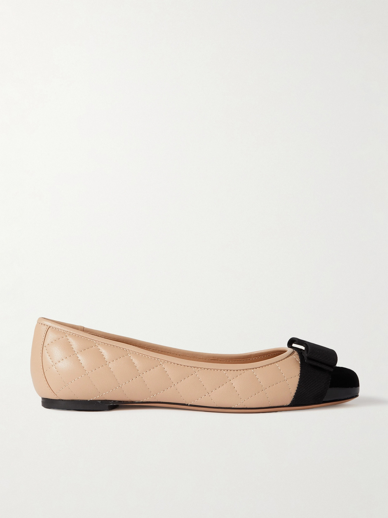 Ferragamo Varina Bow-embellished Quilted Smooth And Patent-leather Ballet Flats In Neutrals