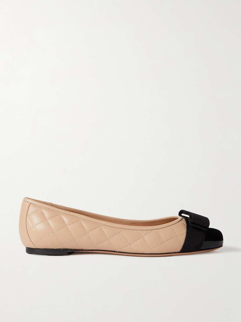 Ferragamo Varina Bow-embellished Quilted Smooth And Patent-leather Ballet Flats