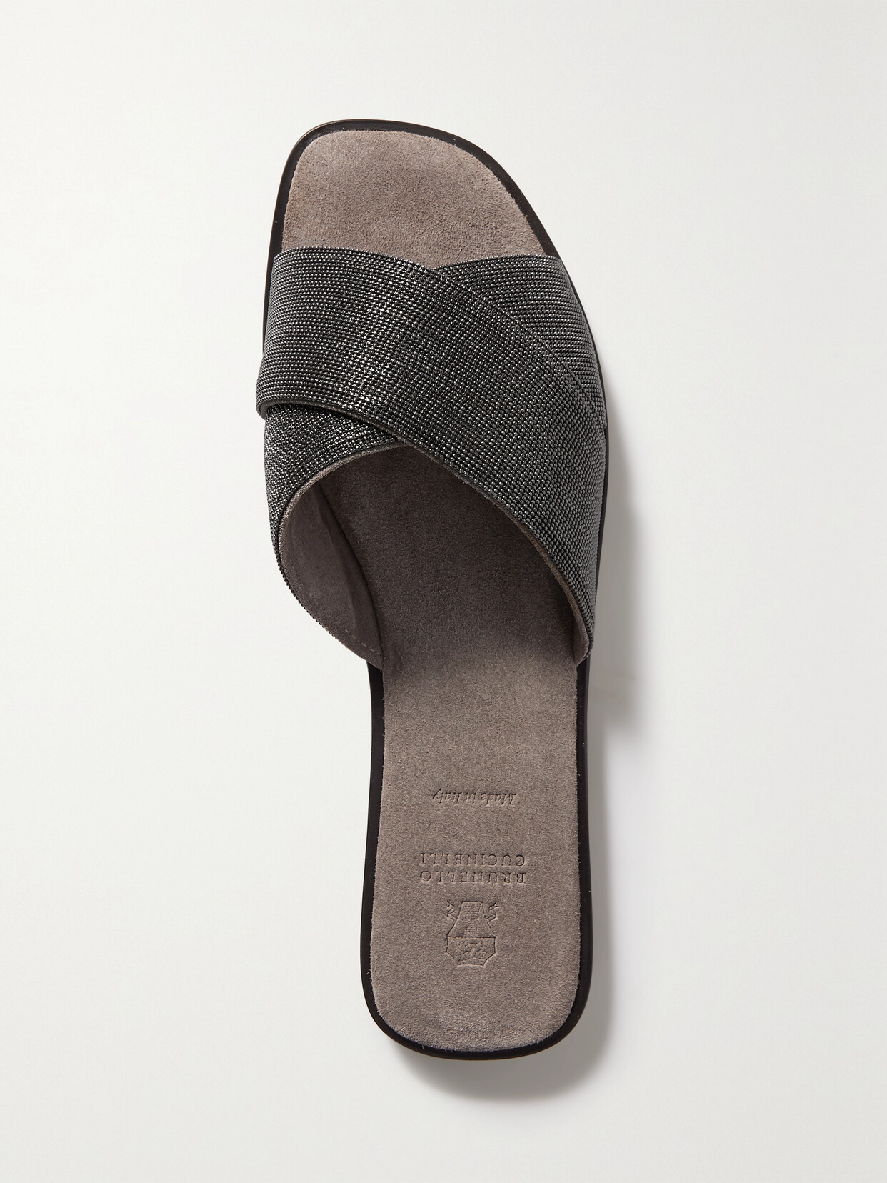 Brunello Cucinelli Beaded Suede Slides In Grey