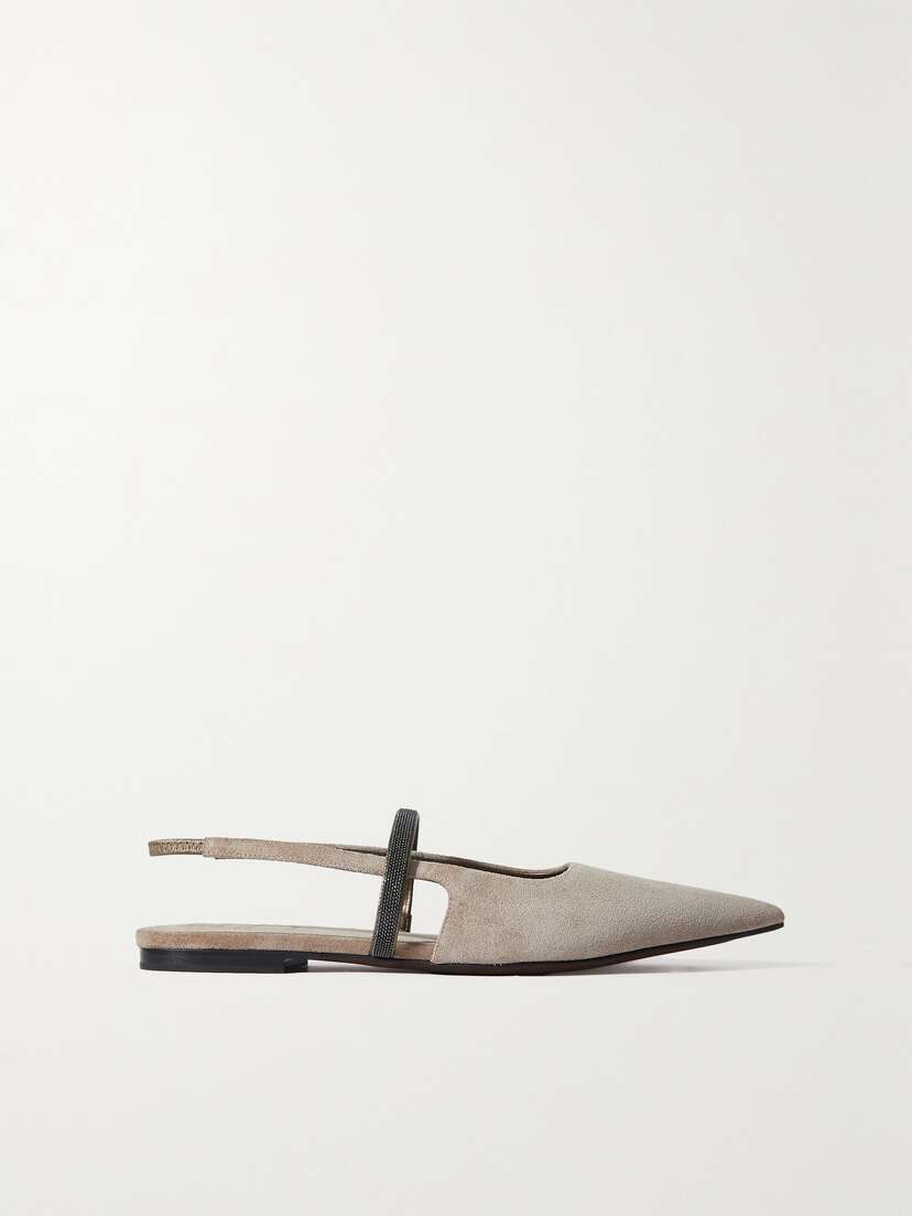 Brunello Cucinelli Bead-embellished Suede Slingback Point-toe Flats