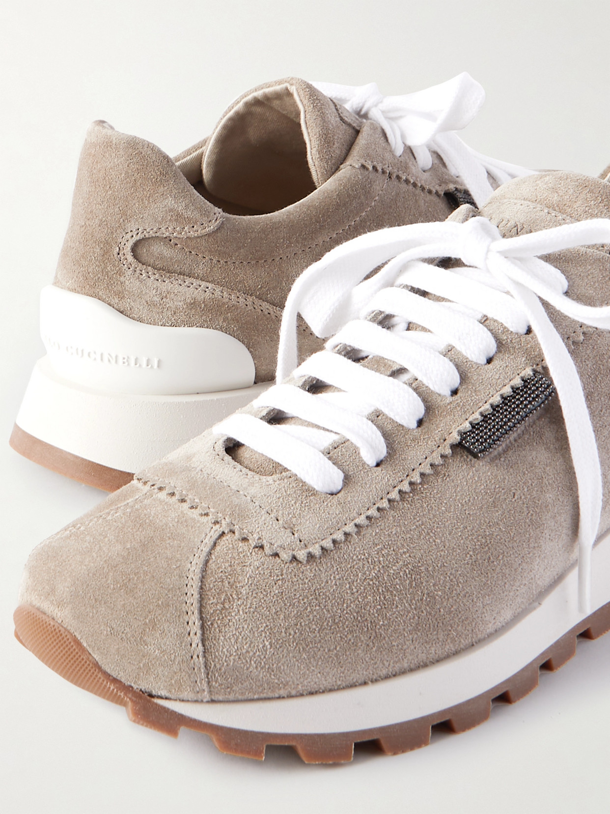Brunello Cucinelli Bead-embellished Suede Sneakers In Gray