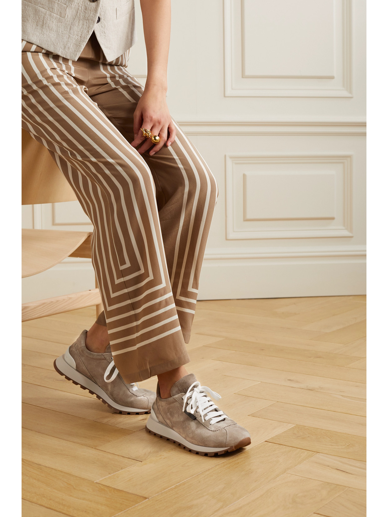 Brunello Cucinelli Bead-embellished Suede Sneakers In Gray
