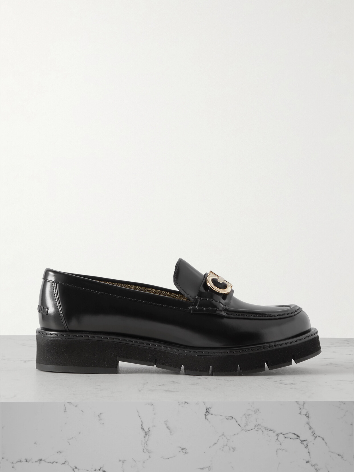 Ferragamo Ofelia Embellished Glossed-leather Loafers In Black