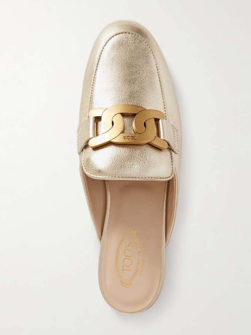 Tod's Embellished Metallic Leather Slippers