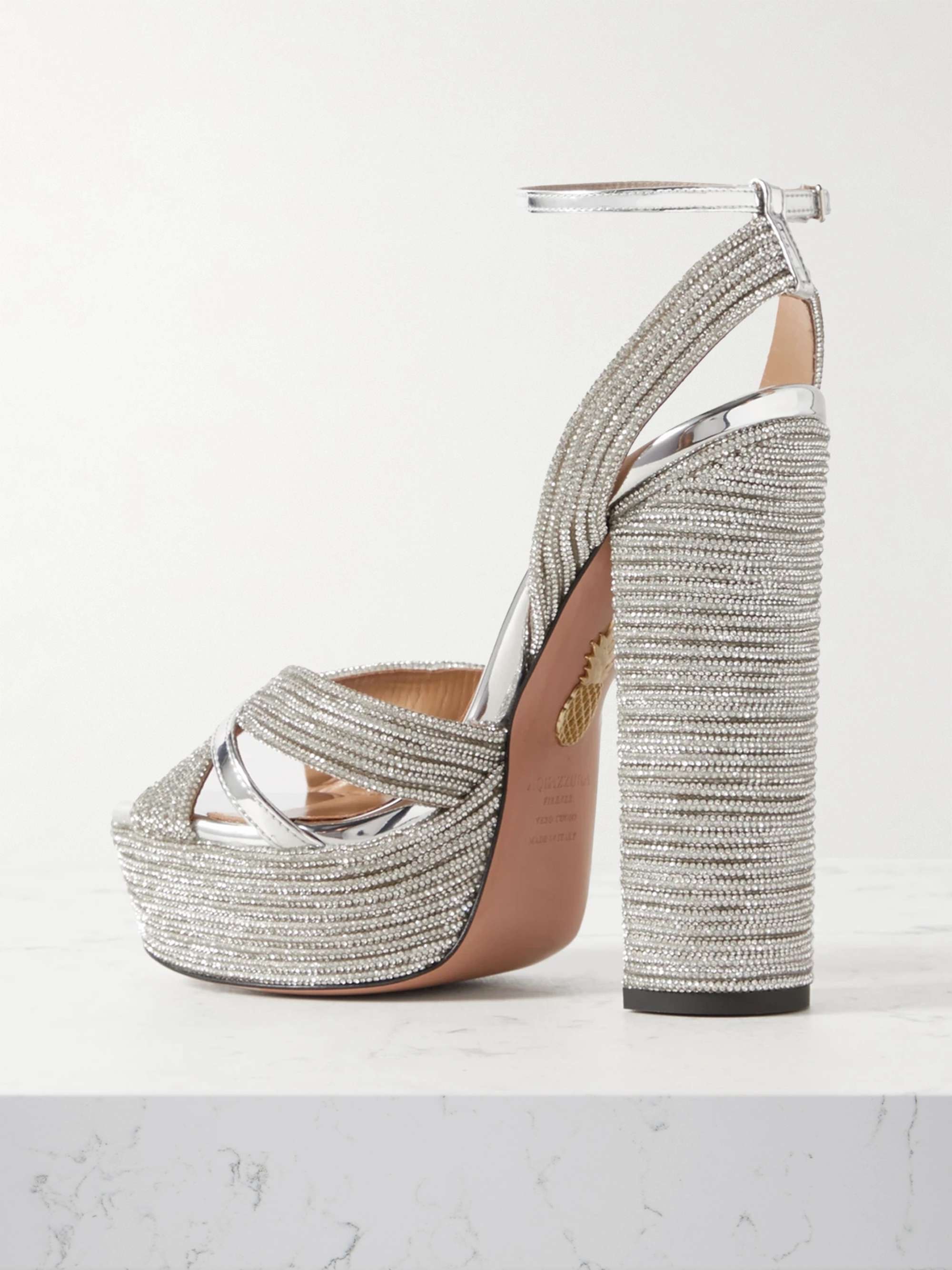 AQUAZZURA Sundance 140 crystal-embellished metallic leather platform ...