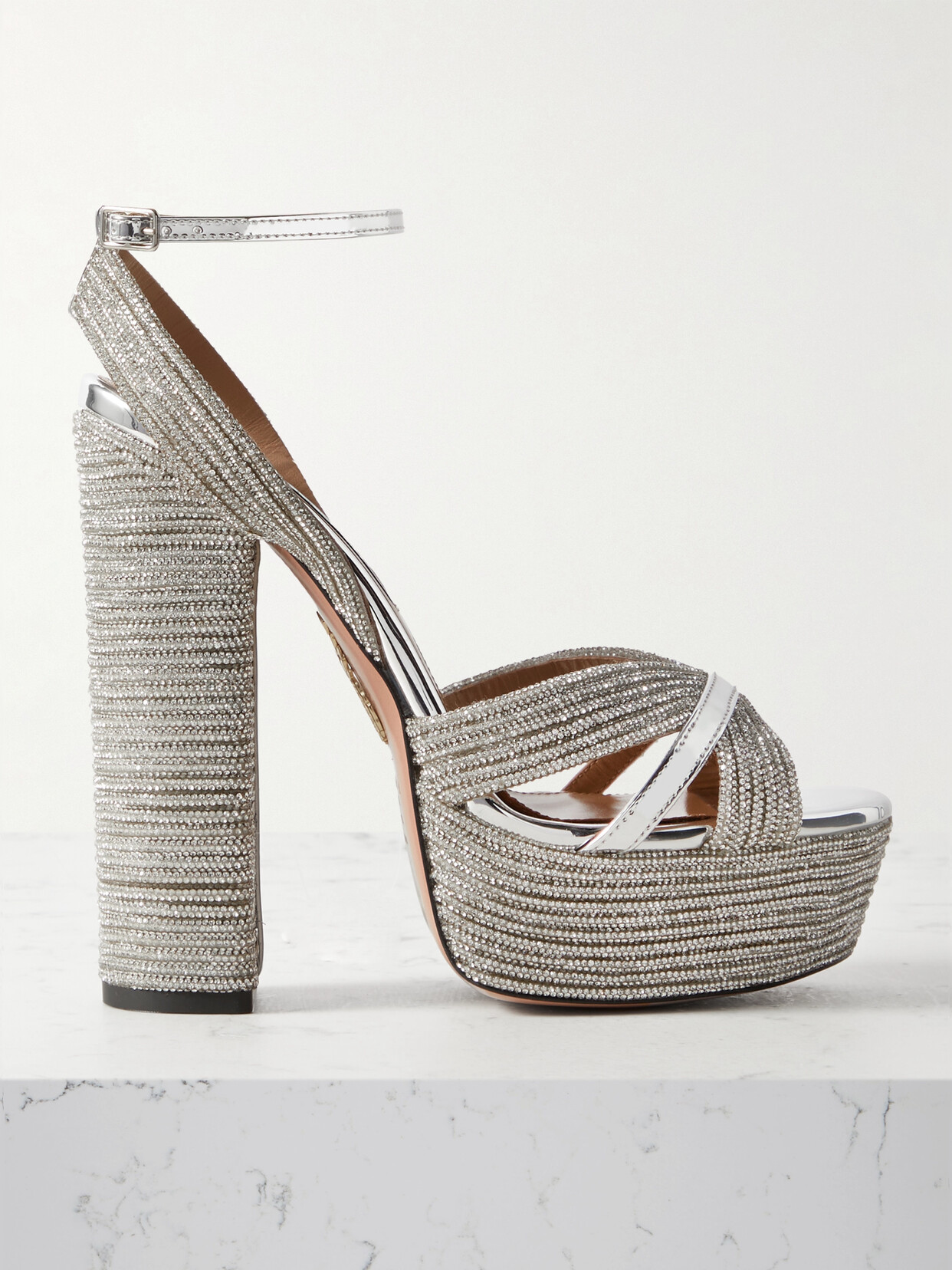 Shop Aquazzura Sundance 140 Crystal-embellished Metallic Leather Platform Sandals In Silver