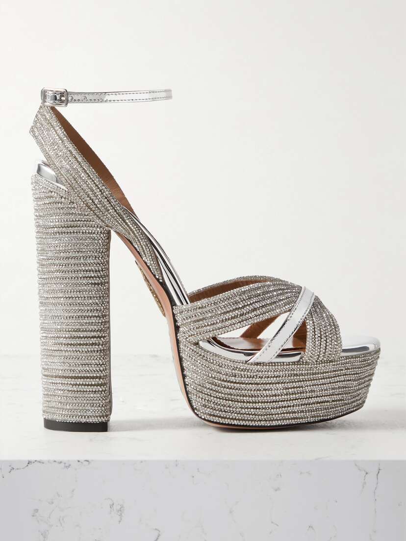 Aquazzura Sundance 140 Crystal-embellished Metallic Leather Platform Sandals