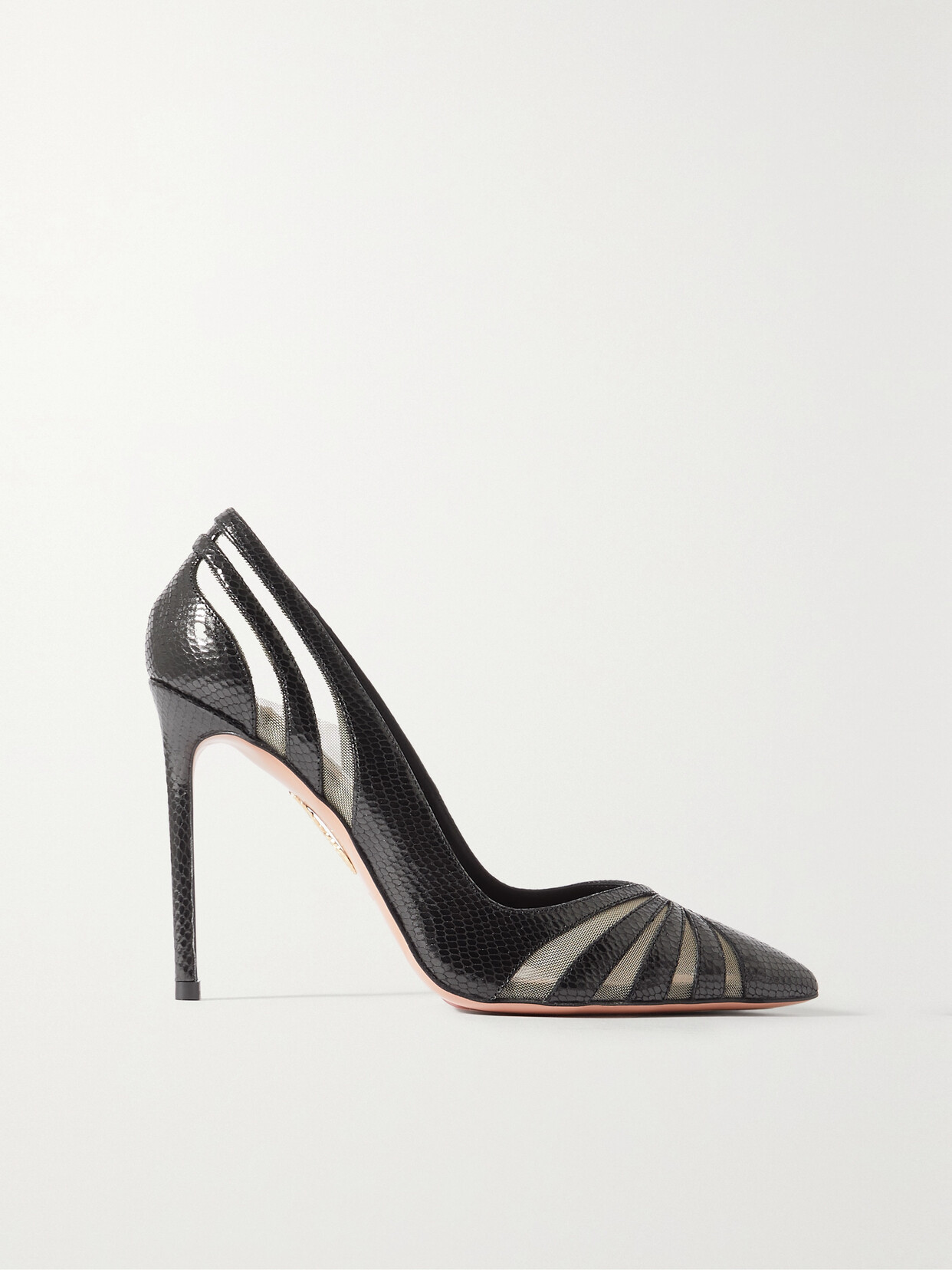 Aquazzura The Spy 105 Mesh-paneled Lizard-effect Leather Pumps In Black