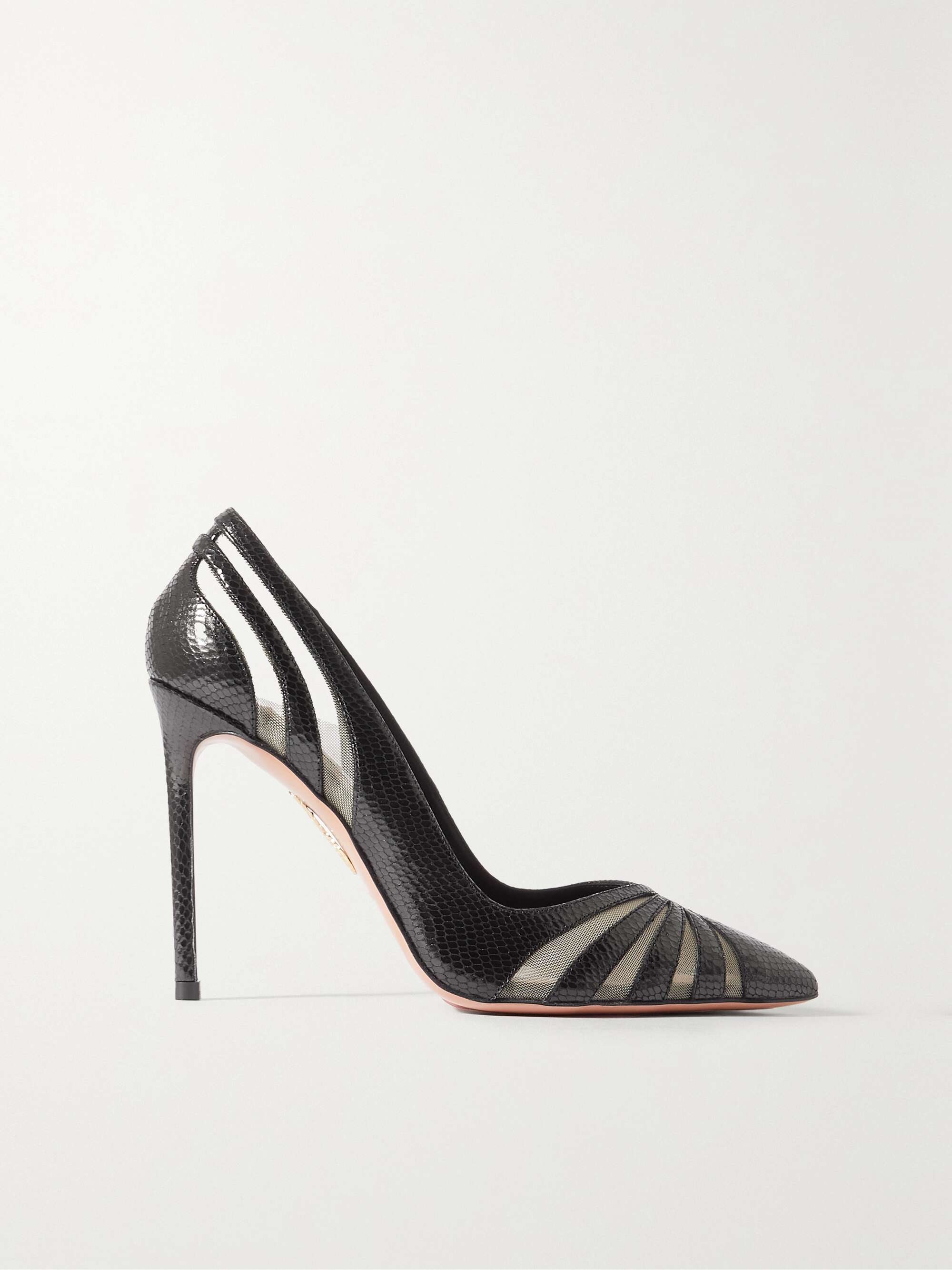 AQUAZZURA The Spy 105 mesh paneled snake effect leather pumps