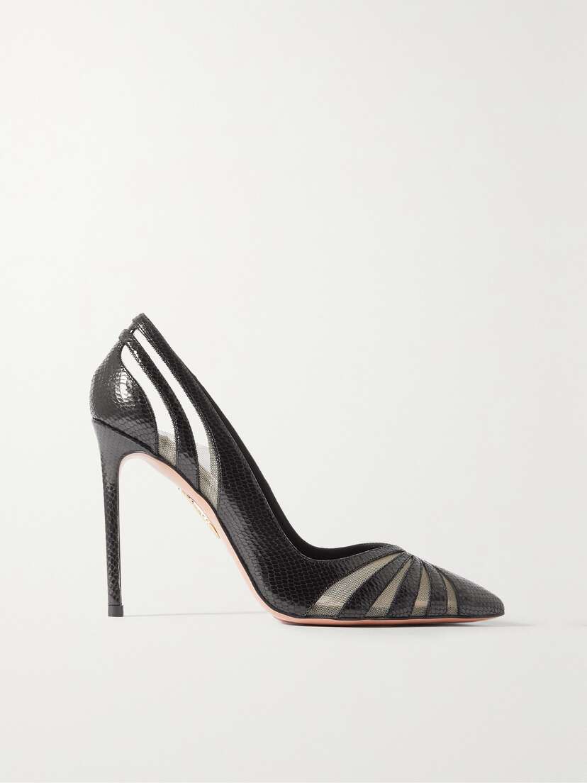 Aquazzura The Spy 105 Mesh-paneled Snake-effect Leather Pumps