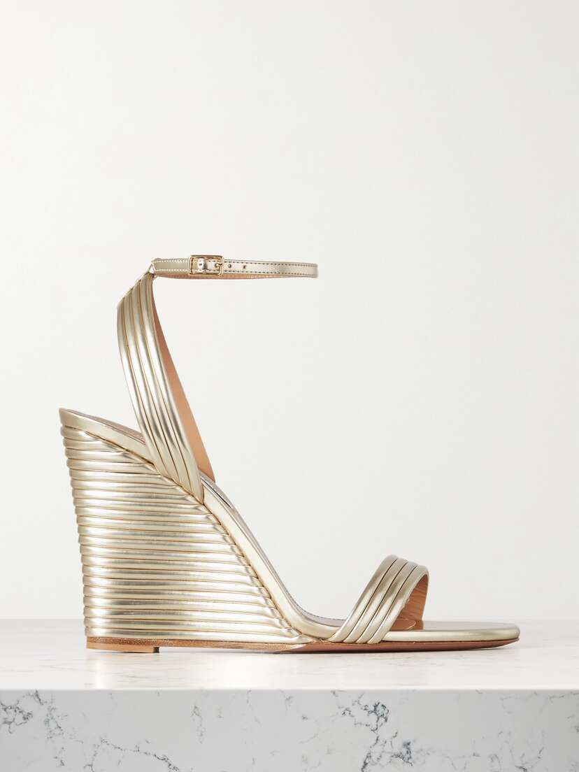 Aquazzura Wow 95 Metallic Leather Wedge Sandals