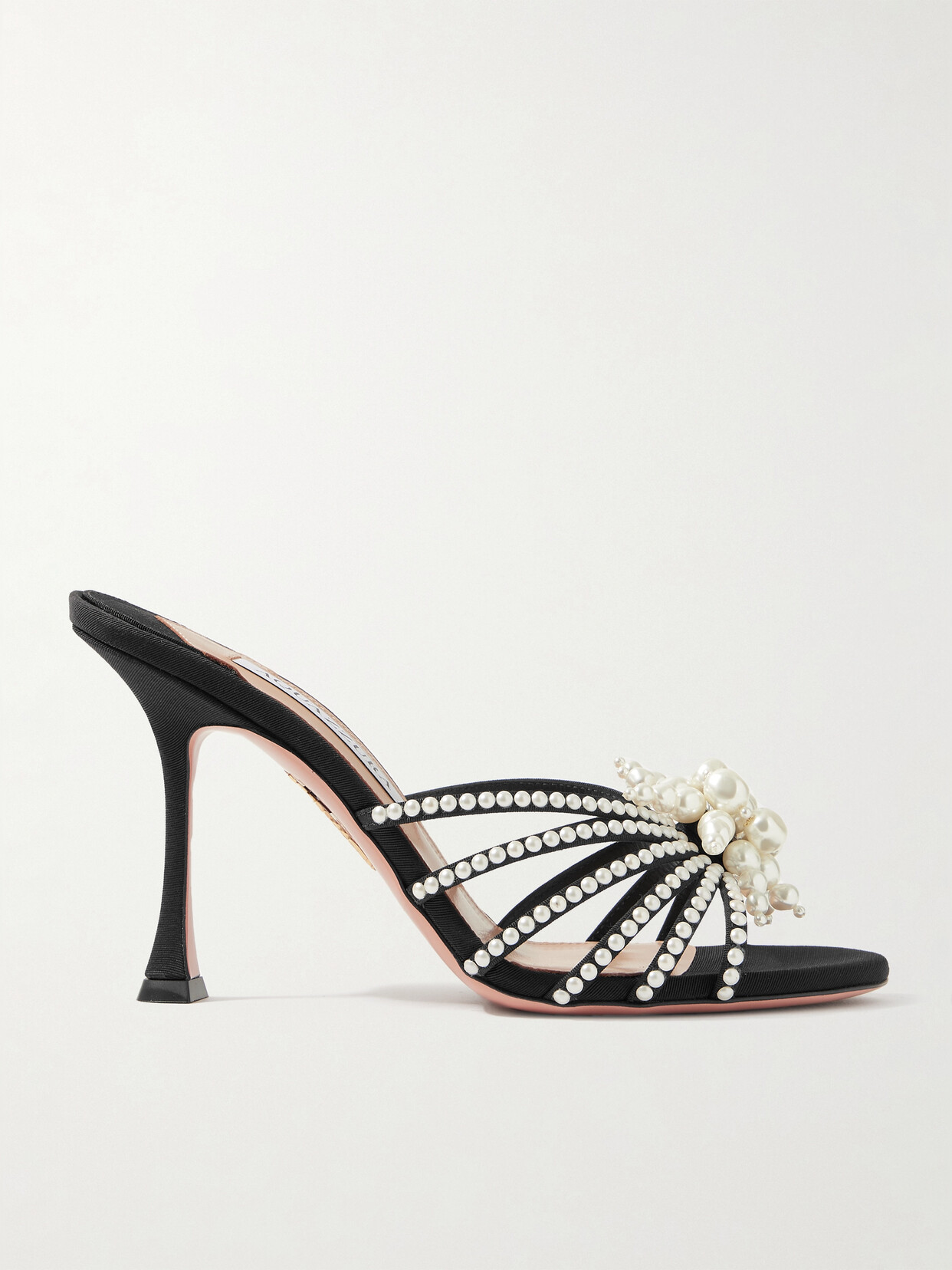 Aquazzura Vendome Faux Pearl-embellished Faille Mules In Black