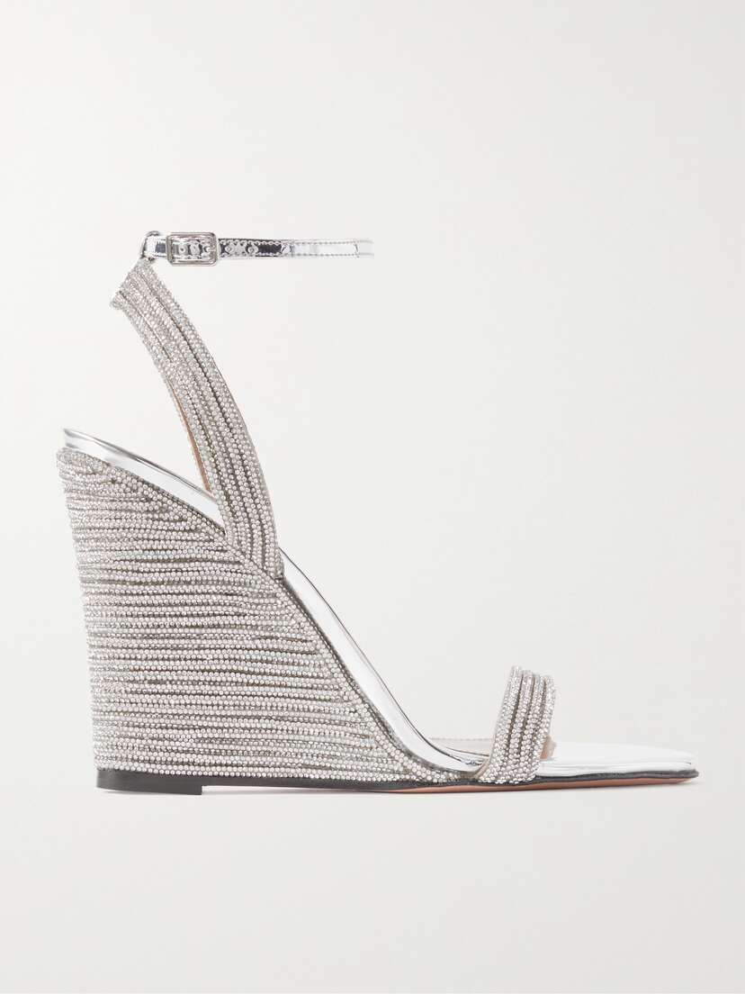 Aquazzura Wow 95 Crystal-embellished Metallic Leather Wedge Sandals