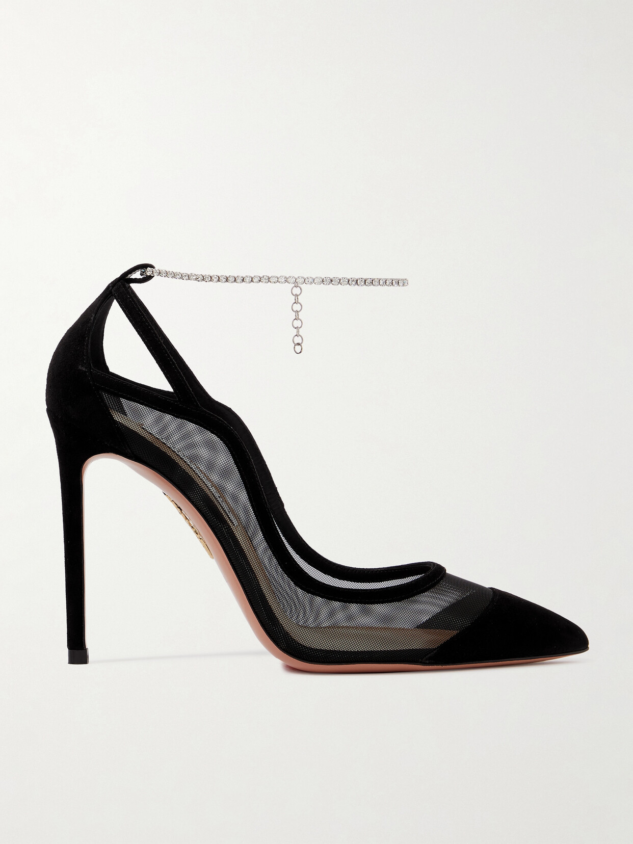 Shop Aquazzura Secret Affair 105 Crystal-embellished Suede-trimmed Mesh Pumps In Black