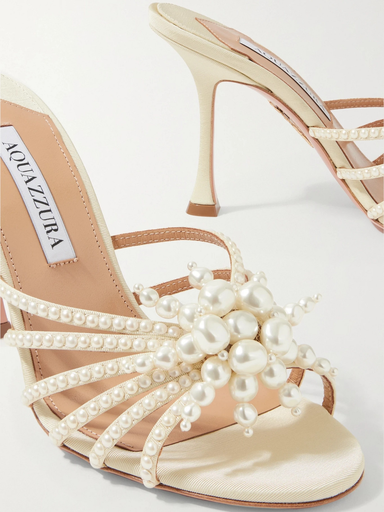 Aquazzura Vendome 95 Faux Pearl-embellished Faille Mules In Neutrals