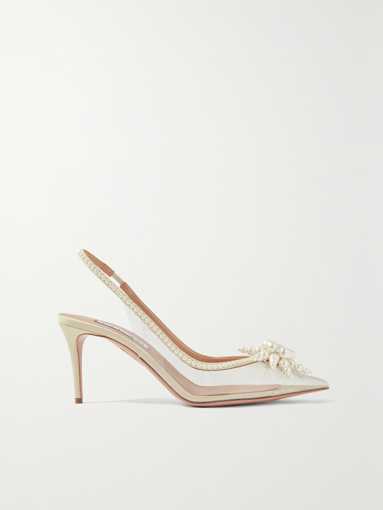 Aquazzura Vendome Faux Pearl-embellished Grosgrain-trimmed Pvc Slingback Pumps - Neutrals