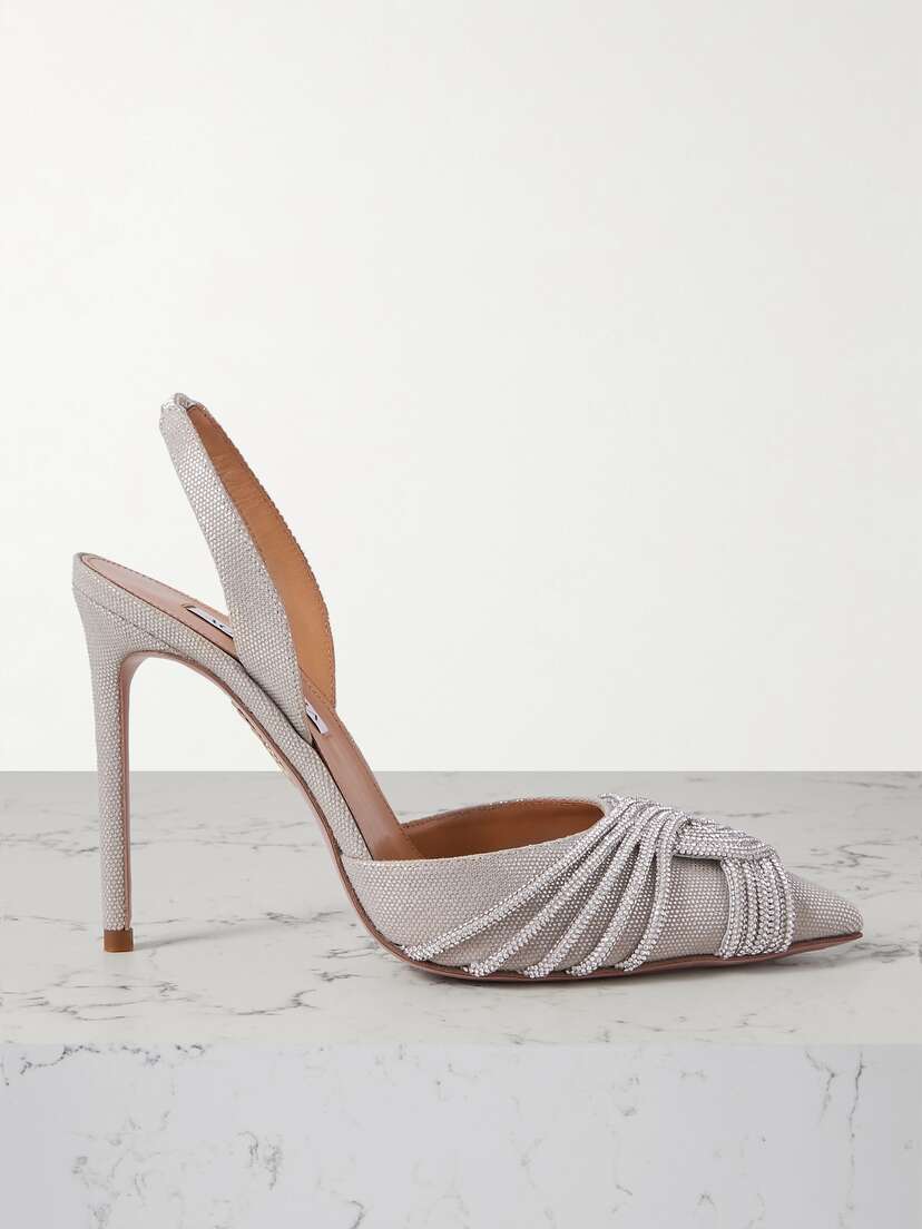 Aquazzura Gatsby 105 Crystal-embellished Metallic Canvas Slingback Pumps