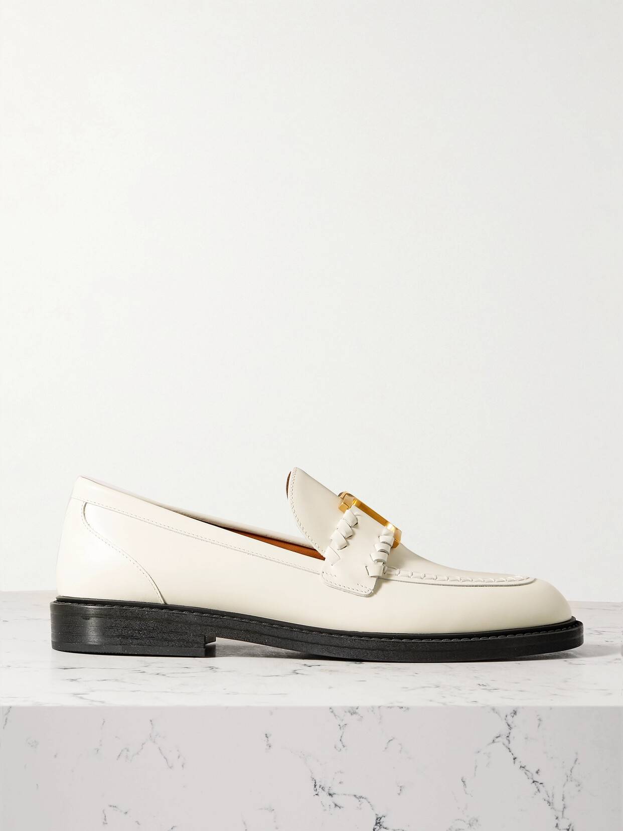 Shop Chloé + Net Sustain Marcie Embellished Leather Loafers In Off-white