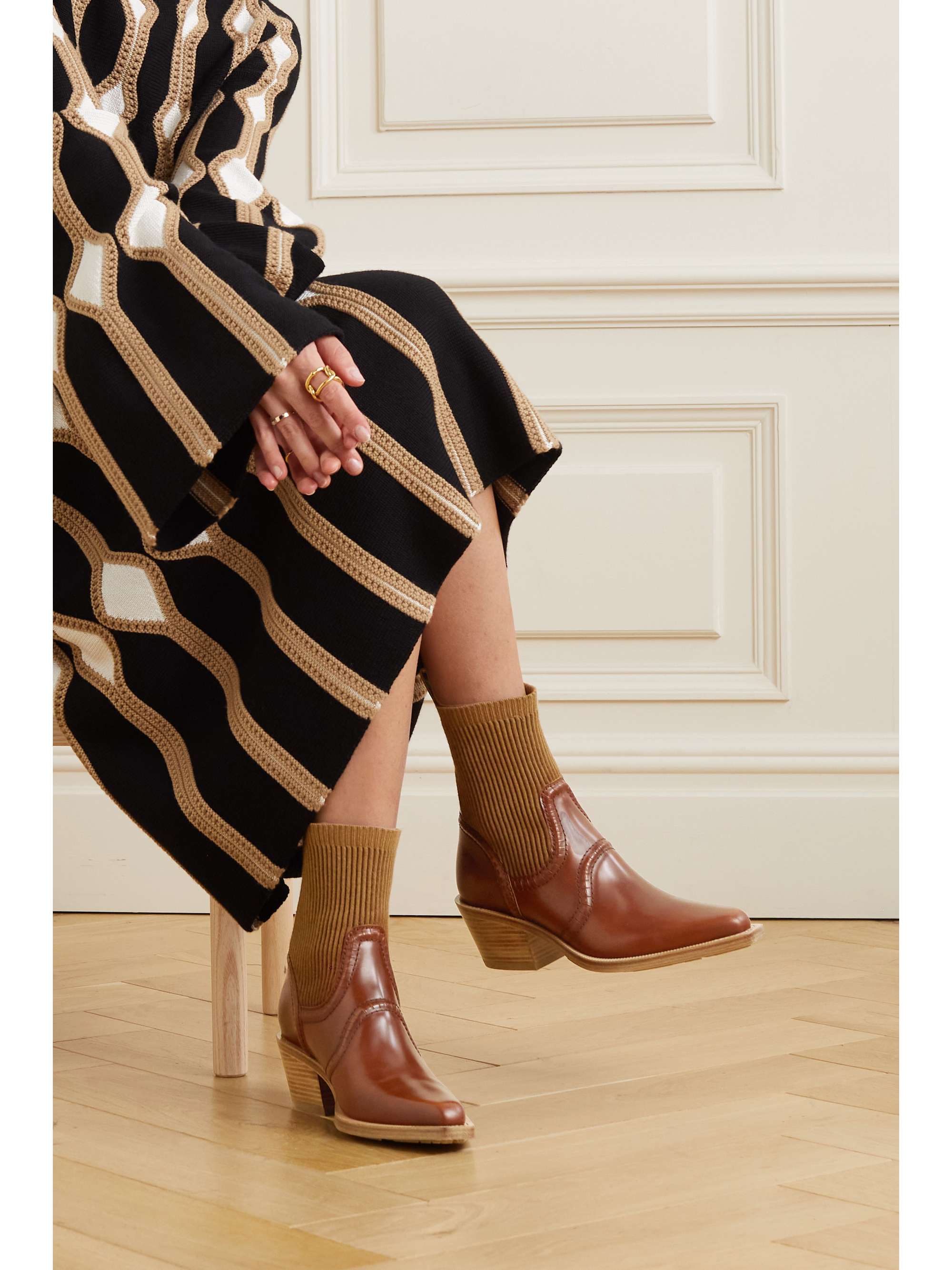 Nellie leather and ribbed cashmere-blend ankle boots