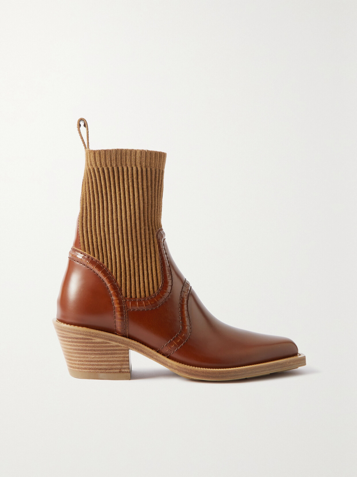 Chloé Nellie Leather And Ribbed Cashmere-blend Ankle Boots - Brown
